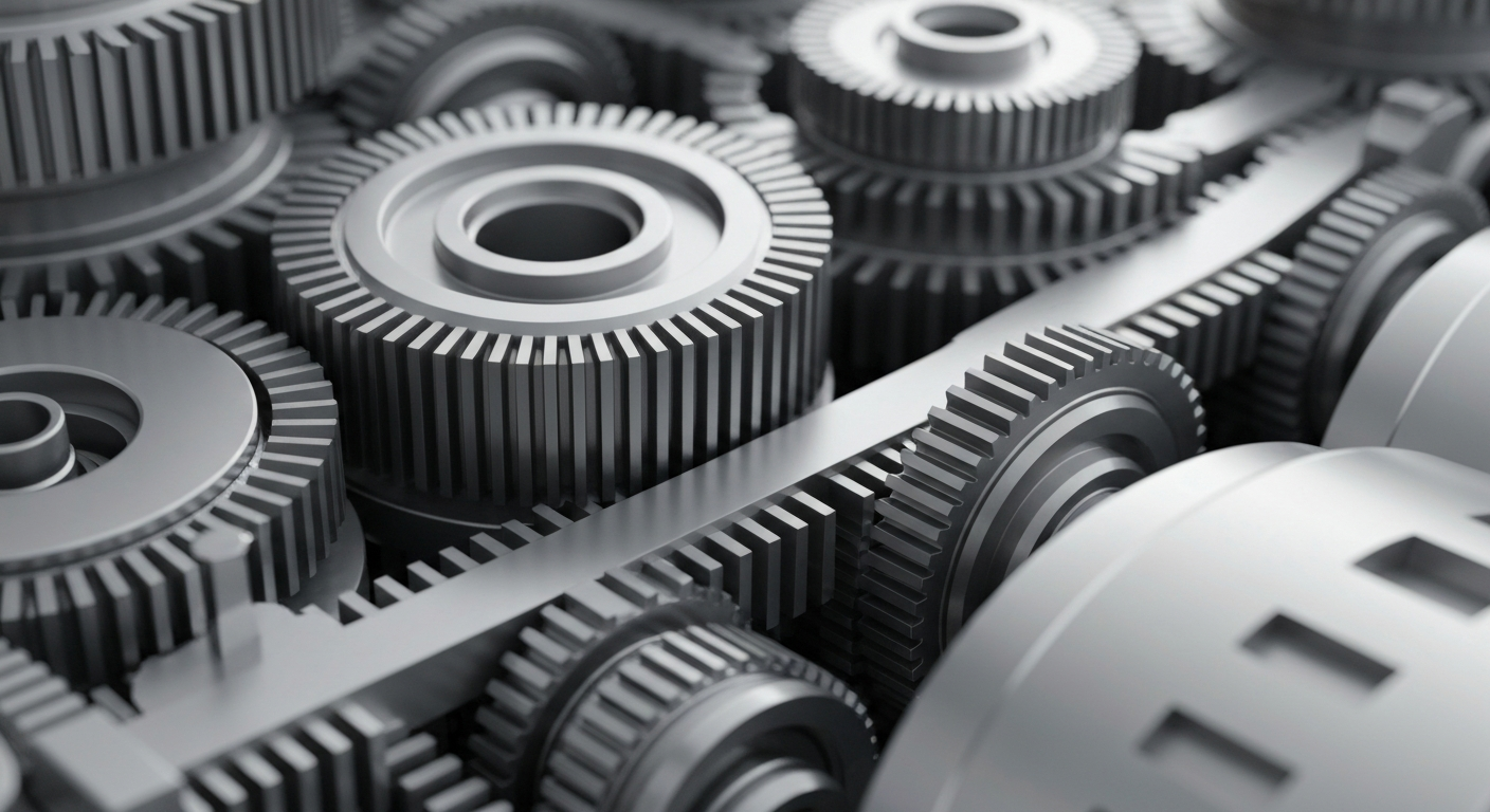 An extreme close-up of intricately engineered metal machinery and gears, representing the complex, high-precision nature of semiconductor fabrication equipment.