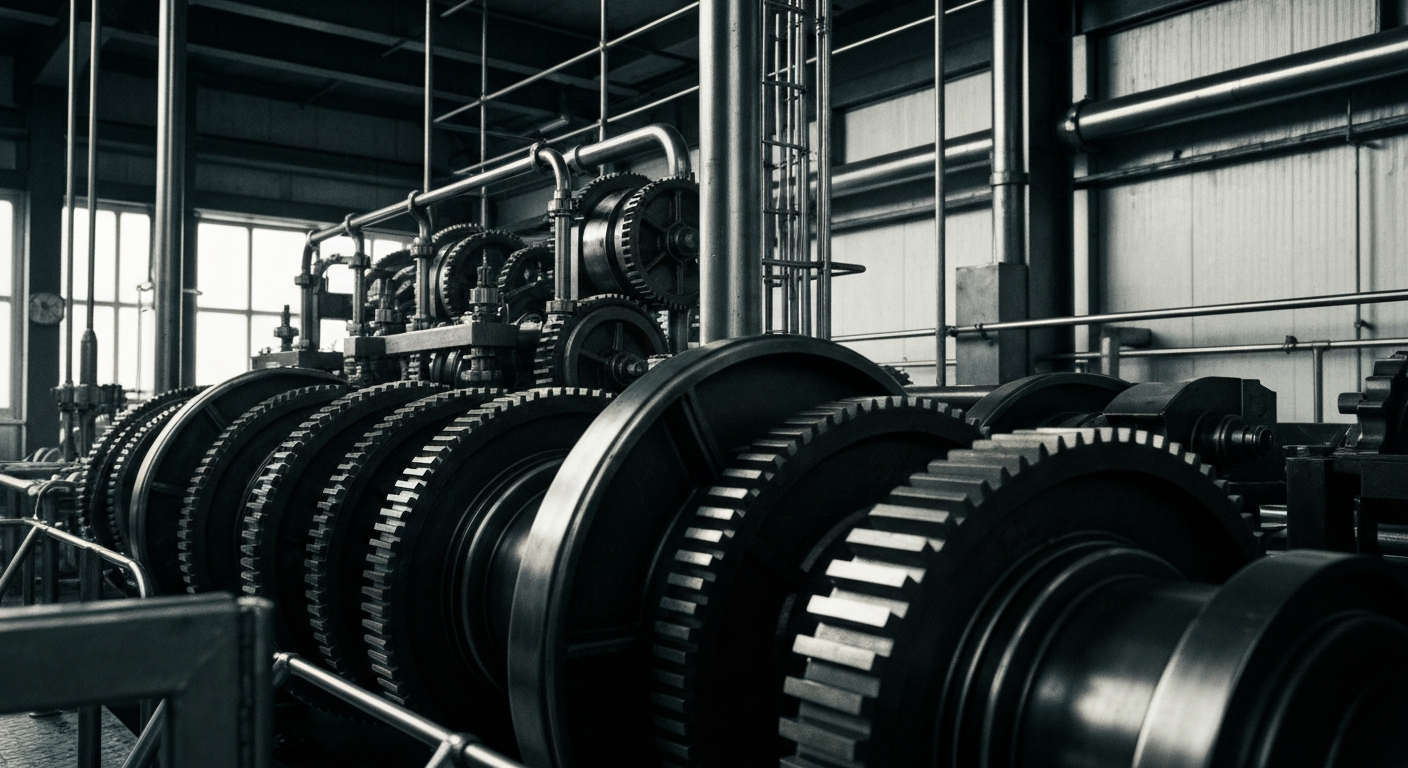 An extreme close-up of the complex, interlocking metal components that make up the internal mechanisms of a Coca-Cola bottling plant, conveying the brand's industrial might and financial security.