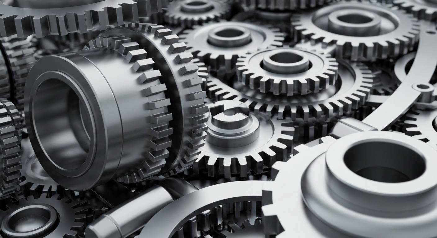 An extreme close-up of highly detailed, interlocking metal gears and machinery in shades of silver, steel, and gunmetal grey, conveying the complex financial infrastructure and institutional investment that drives the semiconductor industry.