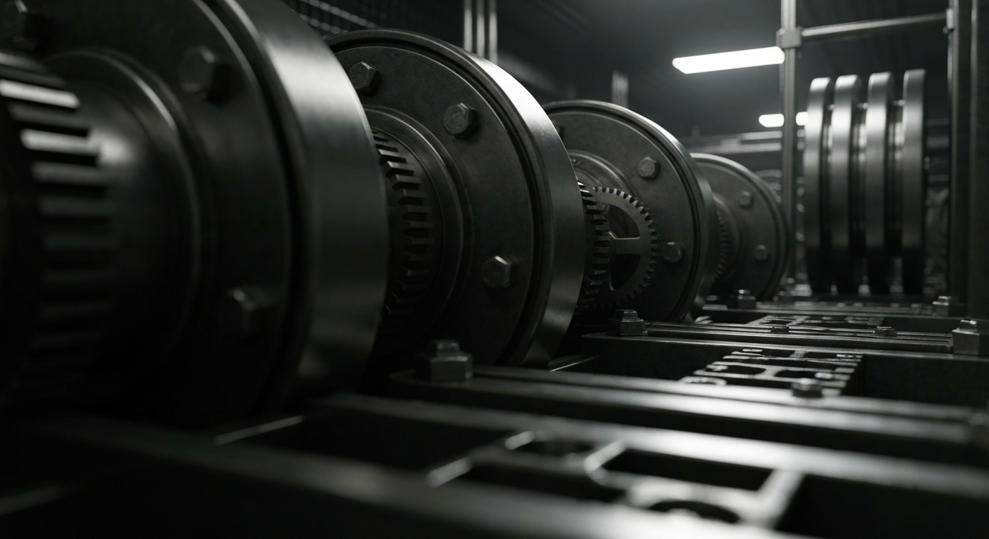 An extreme close-up of various gears, levers, and other industrial banking equipment, conveying the heavy, tangible nature of institutional finance and investment without using literal currency or charts.