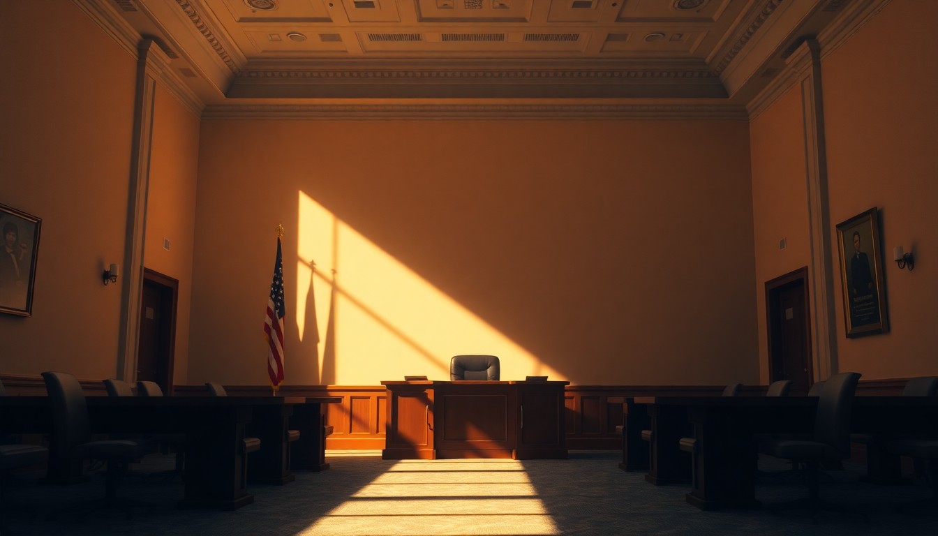 A dimly lit, cinematic government office space with a single desk and chair, the scene bathed in warm, diagonal sunlight and deep shadows, conceptually representing the quiet contemplation and civic duty of local government.