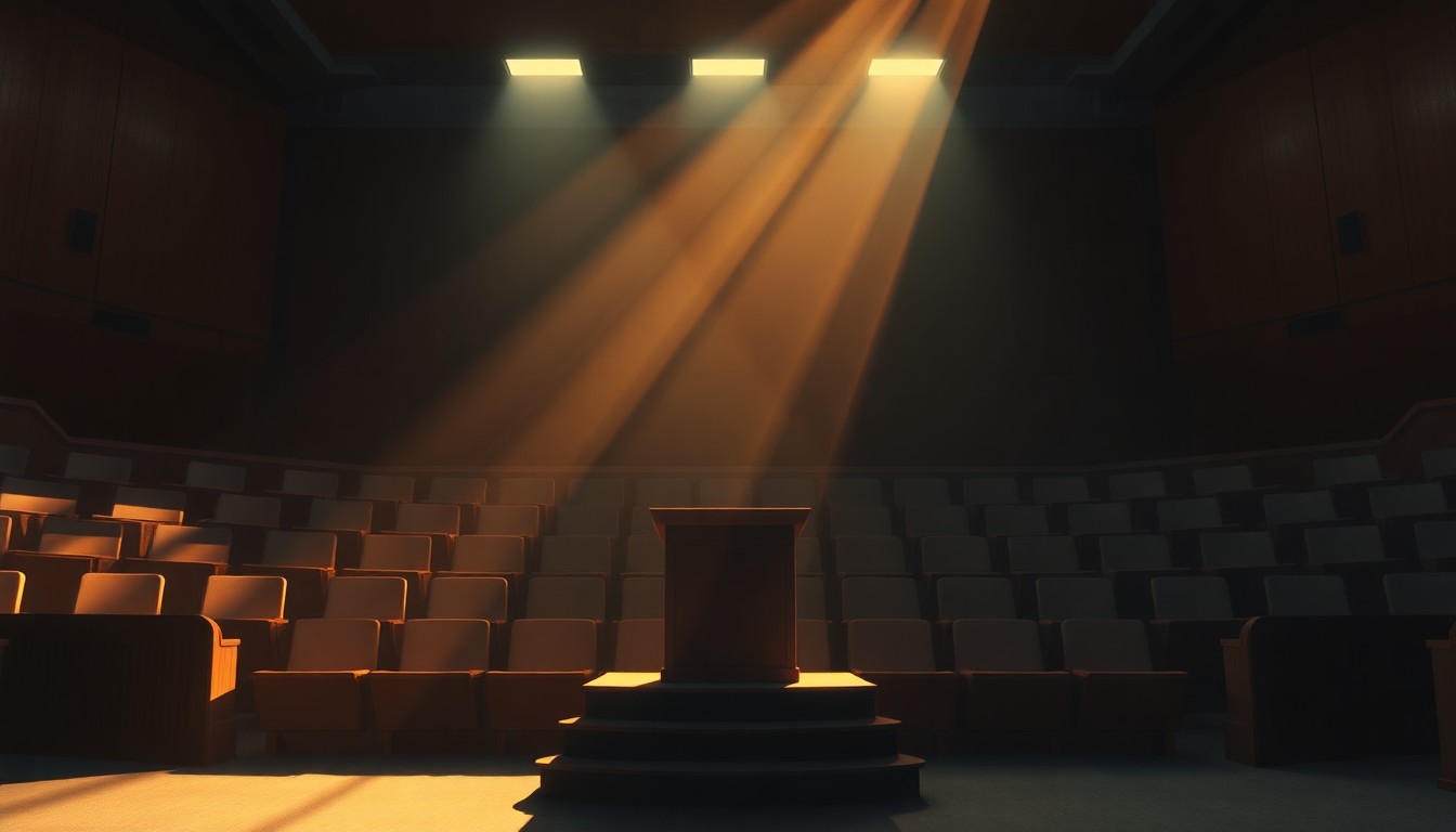 A serene, cinematic painting depicting a solitary podium or lectern in a high school auditorium, with warm sunlight and deep shadows creating a contemplative mood.