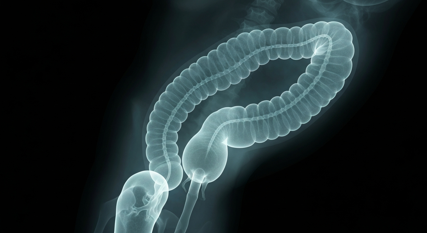 A highly detailed, translucent X-ray photograph of the internal structure of a human colon, glowing with a faint blue-green light against a dark background, conceptually representing the importance of colorectal cancer screening.