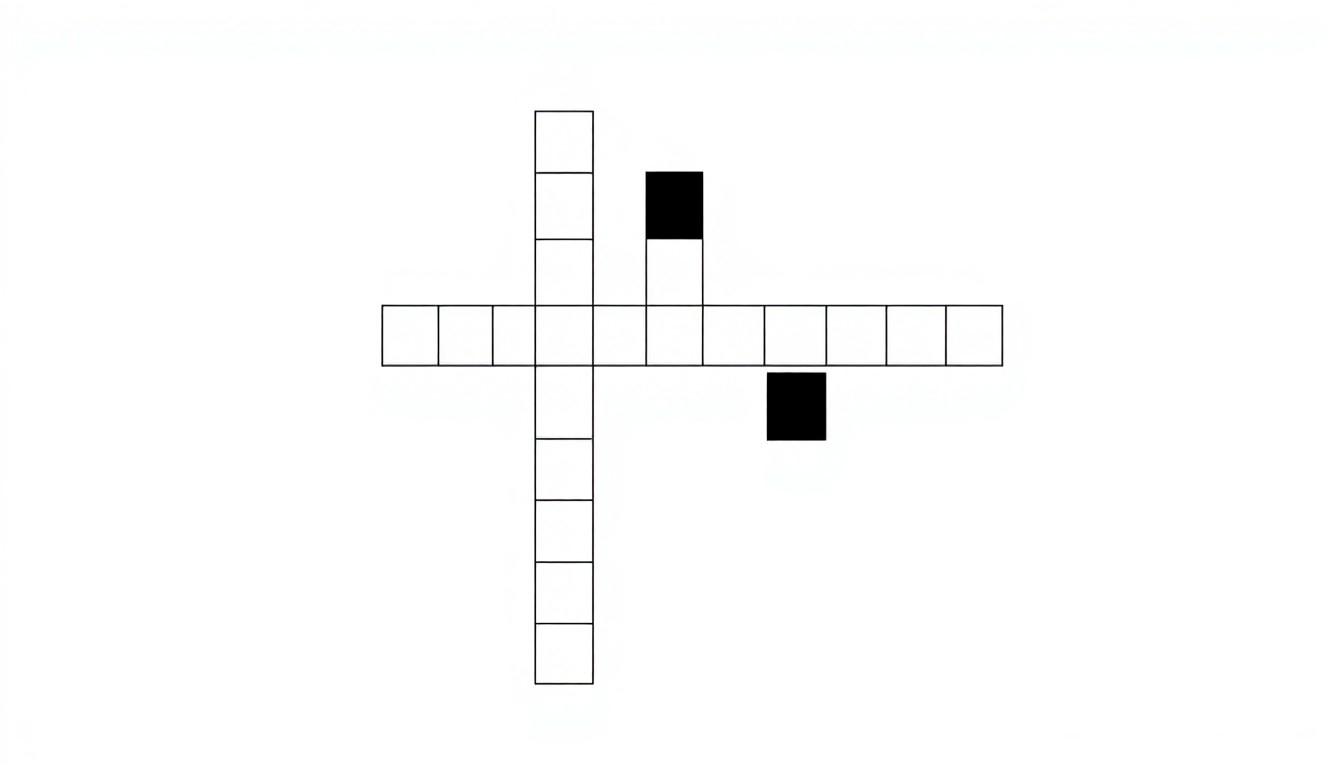 A minimalist illustration featuring bold, geometric black and white shapes arranged in a grid pattern, representing the structure of a crossword puzzle.
