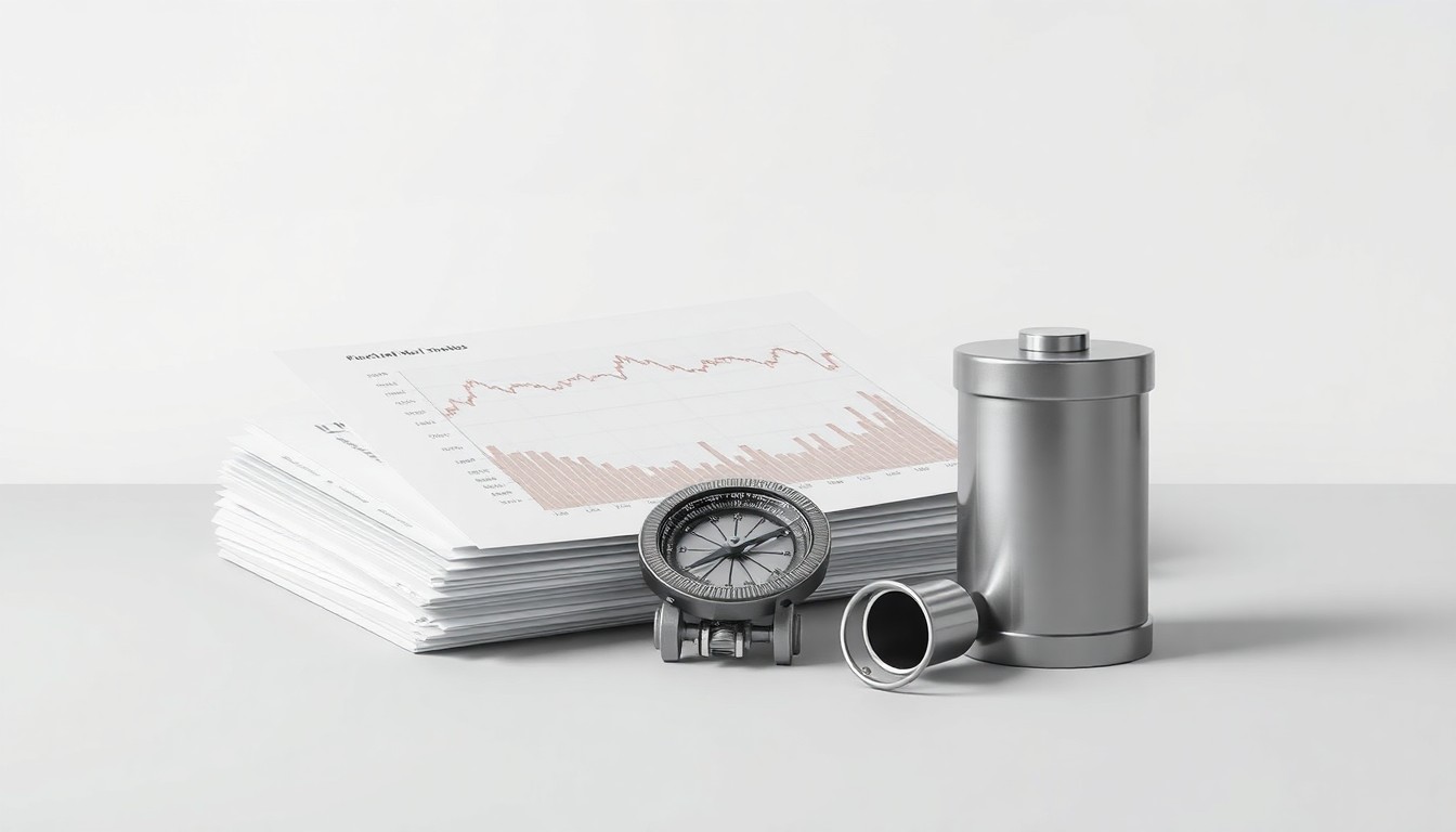 A minimalist, photorealistic studio still life featuring a stack of seismic data printouts, a geological compass, and a polished metal core sample holder, conceptually representing the technological tools and data that power the oil and gas industry.