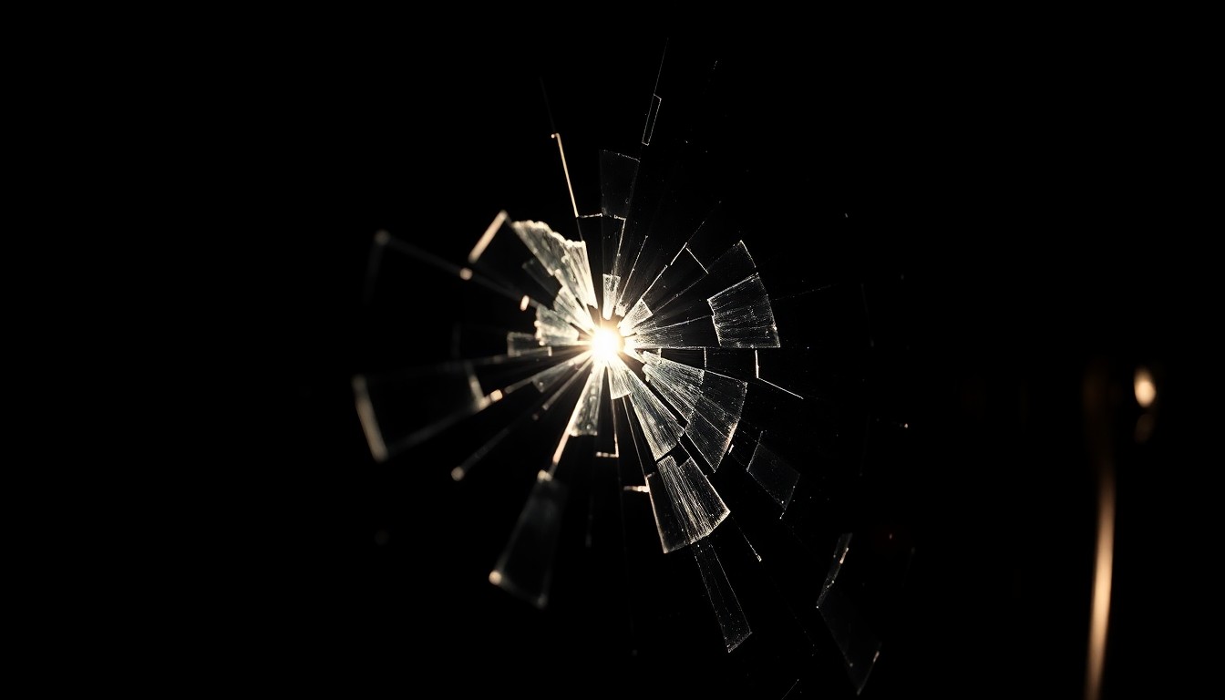 An extreme close-up photograph of a shattered car window or damaged vehicle sensor, capturing the stark, gritty aftermath of a drive-by shooting incident in a conceptual, investigative manner.