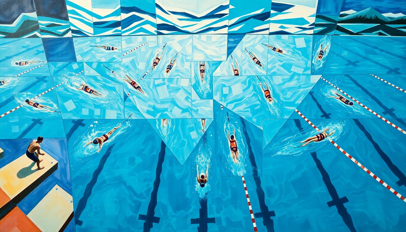A cubist, geometric painting depicting the chaotic motion and energy of a high school swim meet, with fragmented images of swimmers, diving boards, and water splashing in an abstract, multi-angled composition.