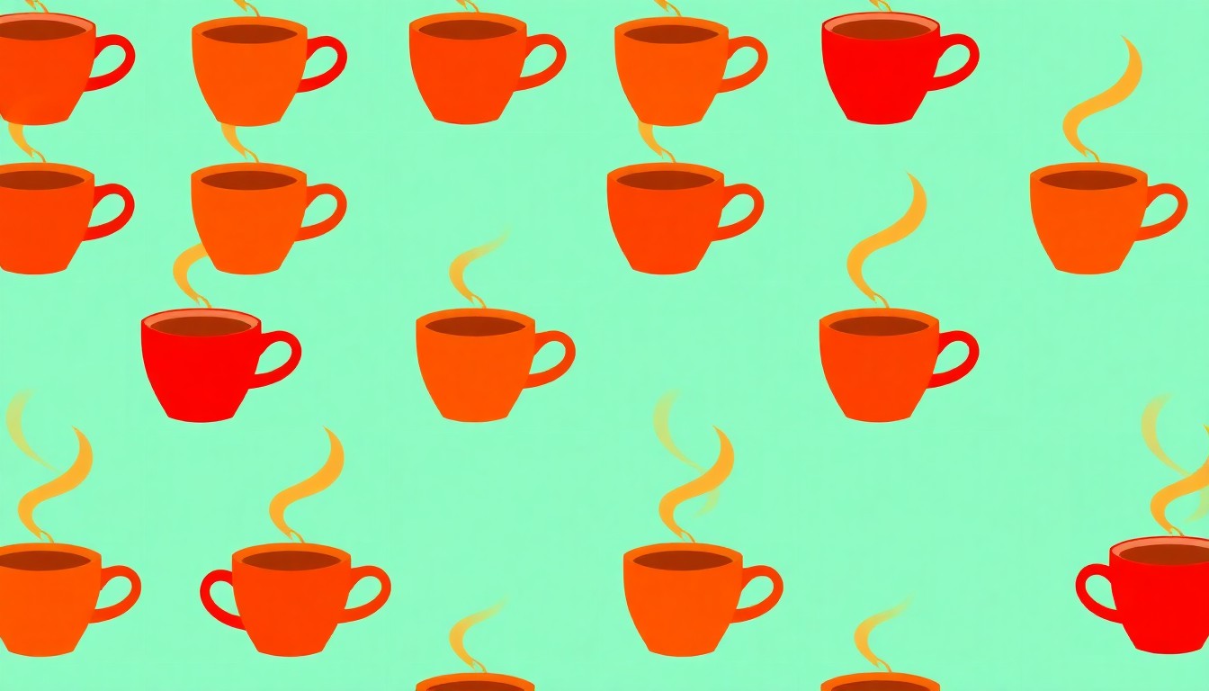 A vibrant, abstract grid of stylized coffee cups in warm, earthy tones, conceptually representing the unique identity and offerings of a local coffee shop.