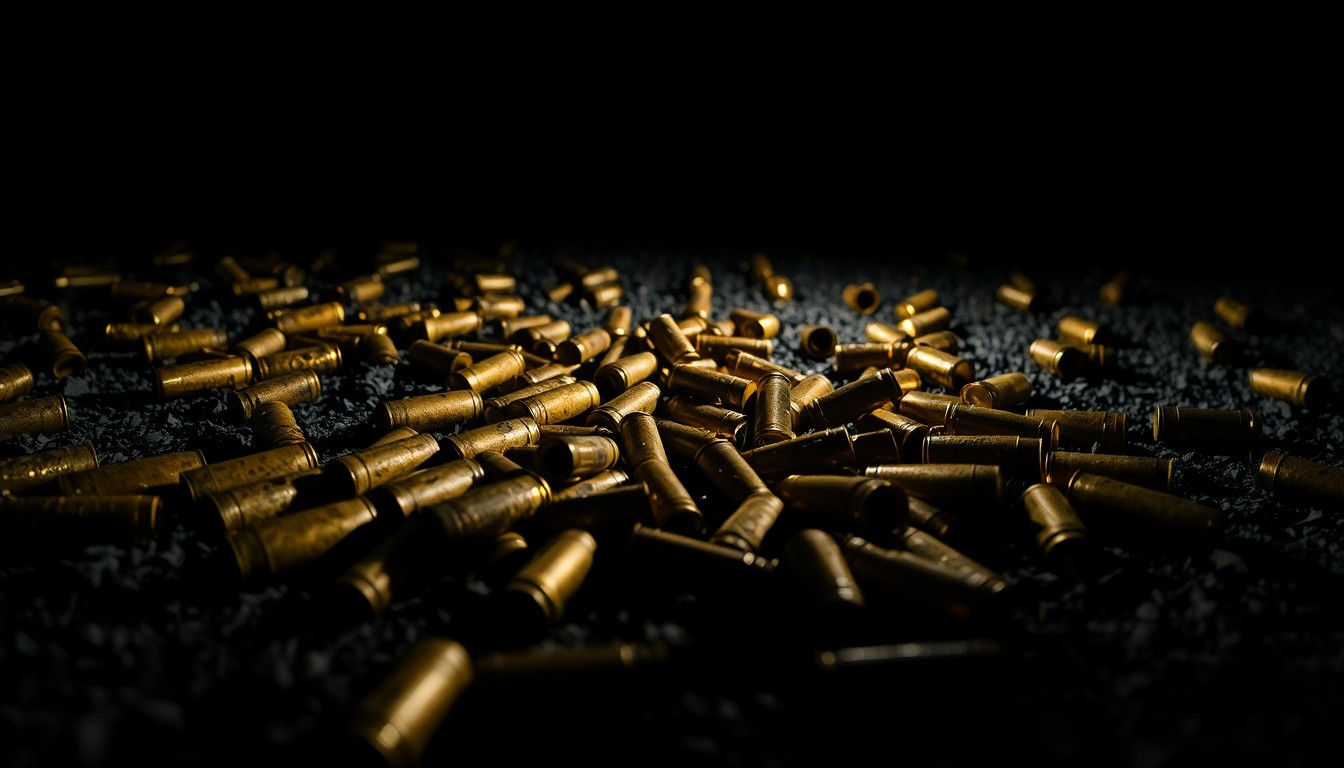 An extreme close-up of several spent shell casings on the ground, reflecting a harsh, direct camera flash in a stark, gritty, investigative style that conceptually represents the police investigation into a sudden outbreak of gun violence.