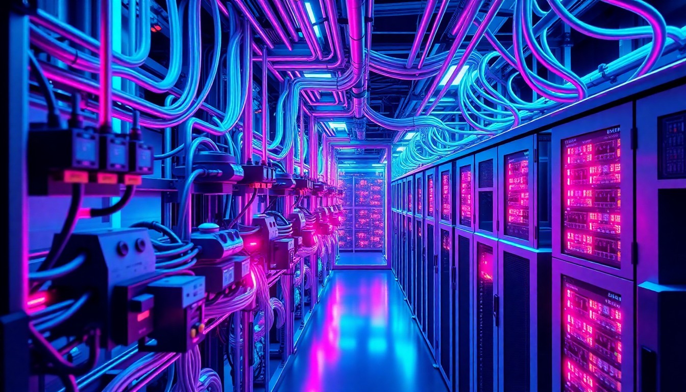 A highly detailed, glowing 3D macro illustration of a data center's power distribution system, with neon cyan and magenta lights illuminating the intricate network of cables, transformers, and circuit breakers, conceptually representing the complex, high-tech infrastructure that powers modern digital services.