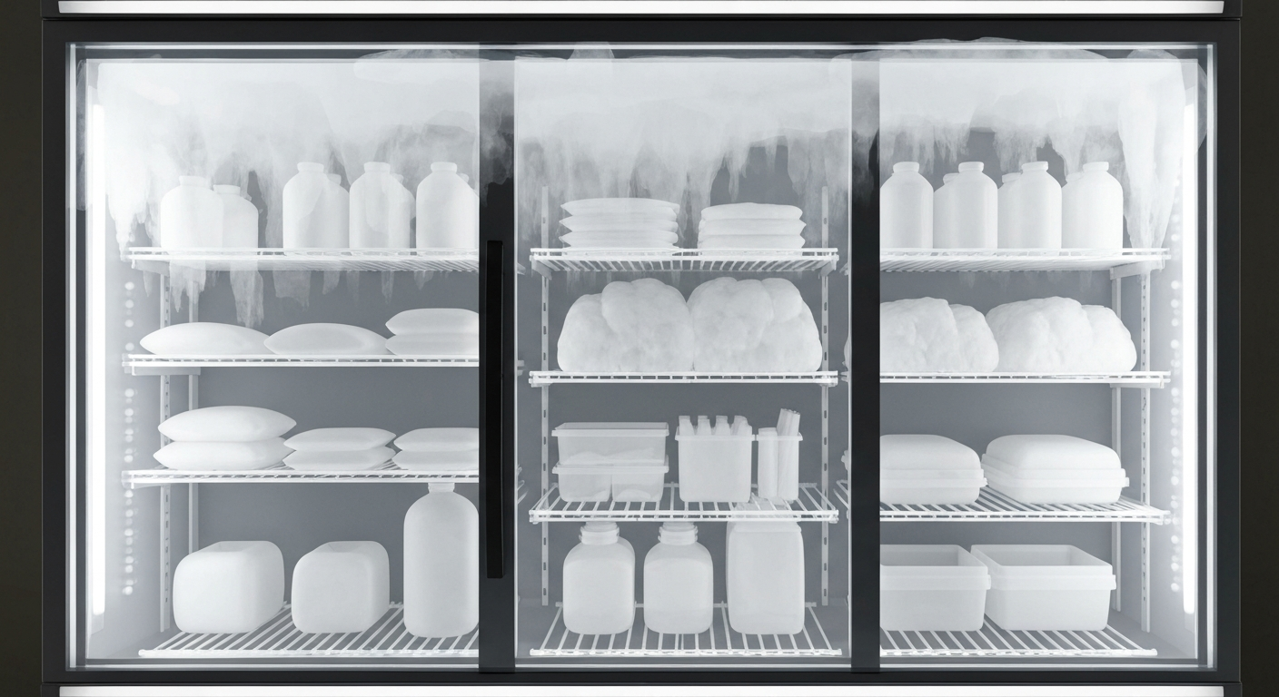 An extreme close-up X-ray photograph revealing the internal structure of a restaurant freezer, with visible ice buildup on the shelves and food items, conceptually illustrating the food safety violations uncovered during recent health inspections.