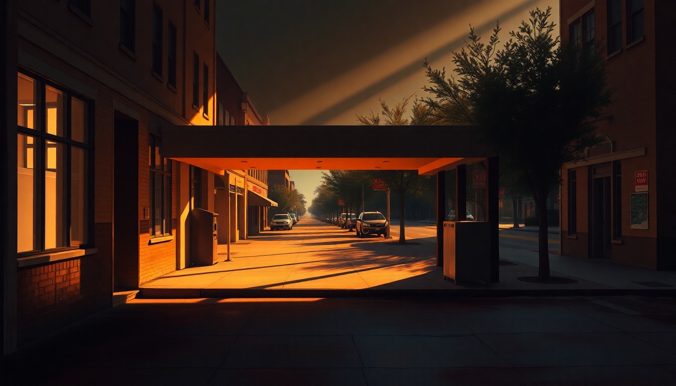 A dimly lit, cinematic painting of an empty polling place in downtown Augusta, with warm sunlight streaming through the windows and deep shadows across the floor, conveying a sense of quiet contemplation about the political process.