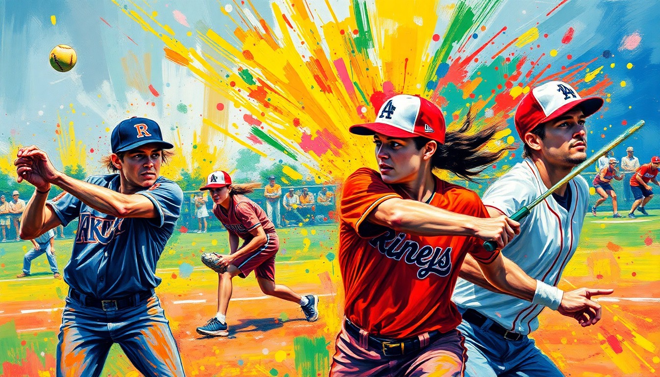 An abstract, expressionist painting featuring bold, sweeping brushstrokes in neon shades of green, orange, and pink, capturing the dynamic motion and raw energy of a softball game.