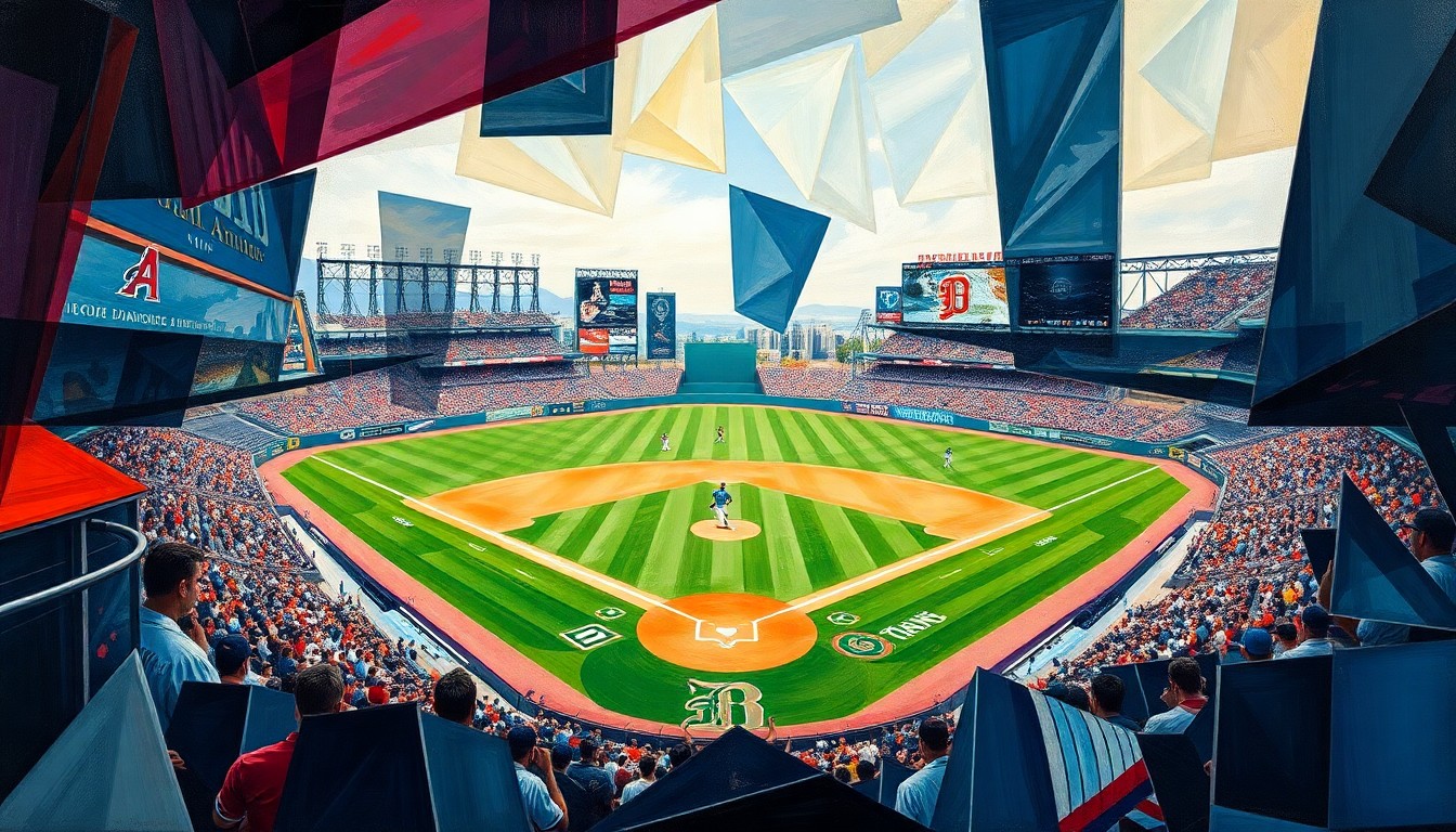 A dynamic, abstract painting featuring sharp, overlapping geometric planes in shades of blue, orange, and green, conceptually representing the action and energy of a baseball game between two teams.