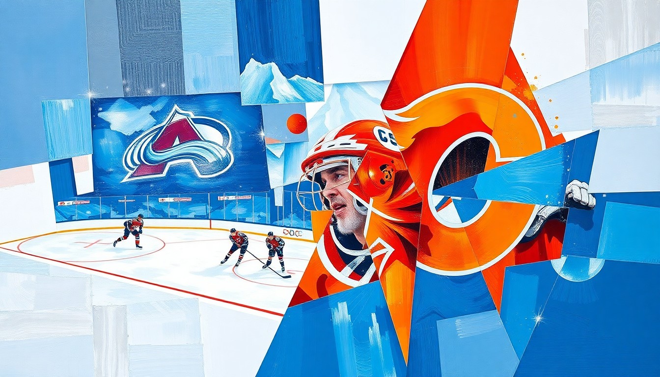 A fractured, cubist-style painting depicting the action and energy of a hockey game, with sharp geometric shapes and planes of color representing the players, puck, and arena.