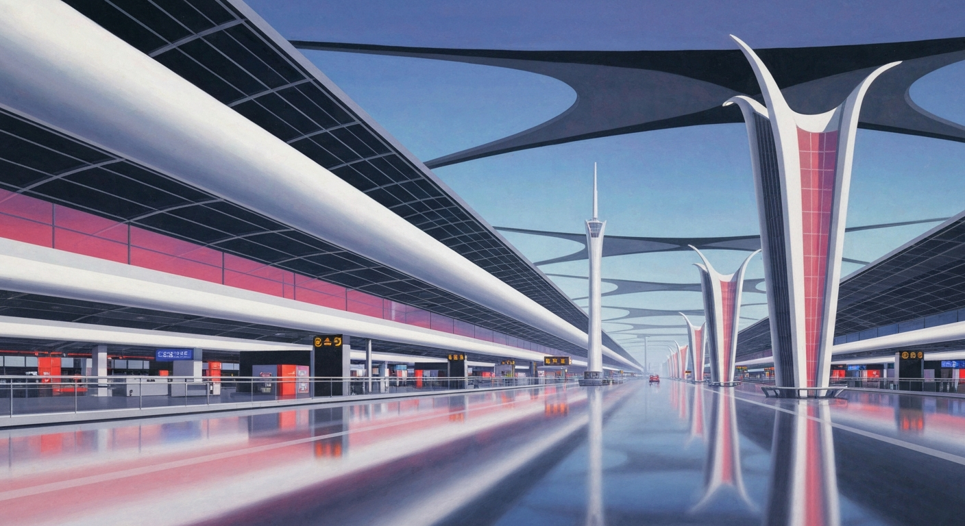 A highly stylized, geometric illustration depicting the towering, streamlined forms of an airport terminal, conveying a sense of grand scale and forced perspective without any literal depictions of people or text.
