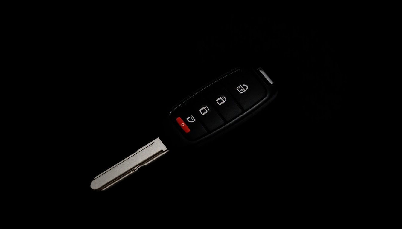 An extreme close-up photograph of a car key fob against a pitch-black background, lit by a harsh, direct camera flash, creating a stark, investigative aesthetic.