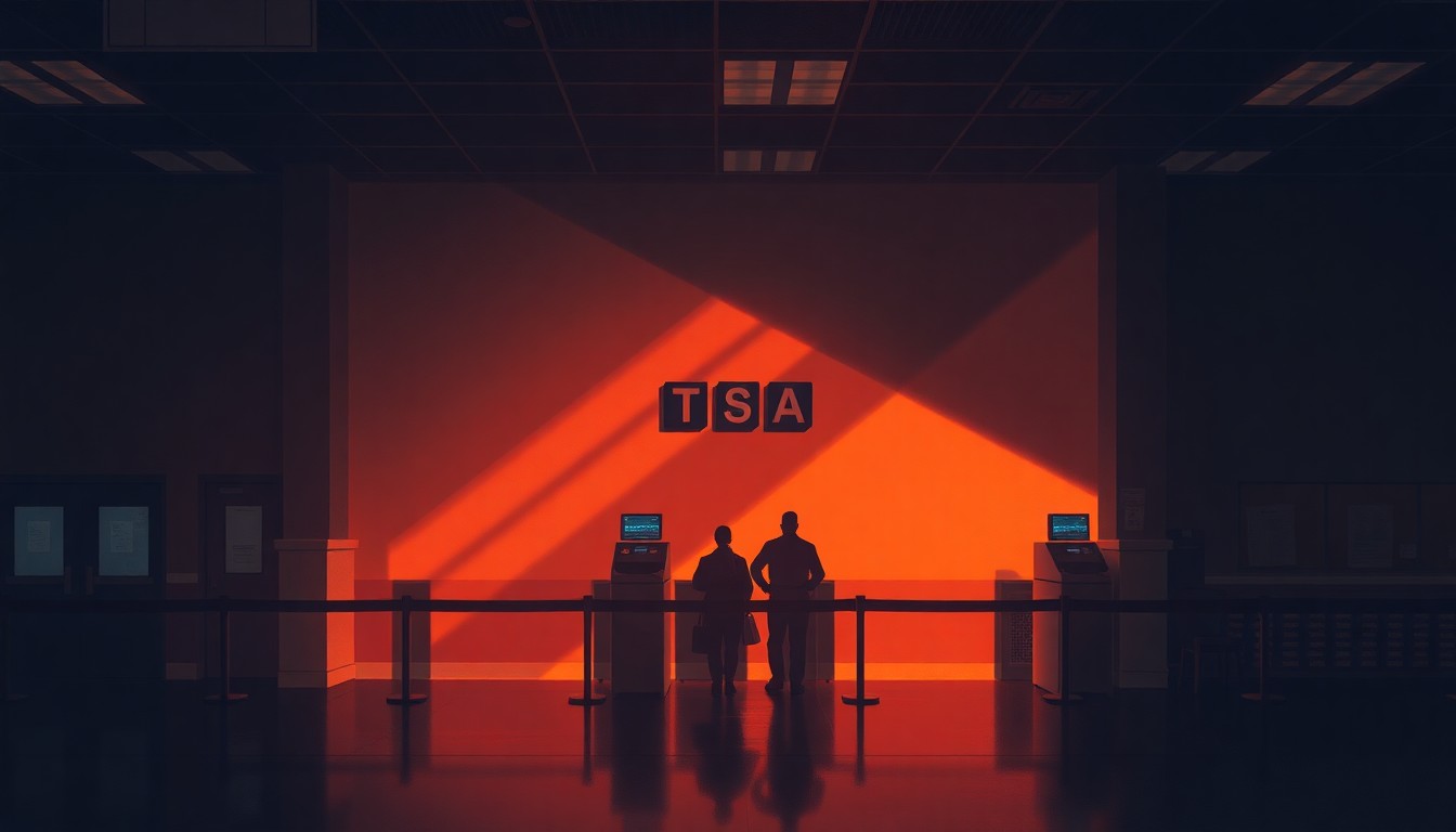 A serene, cinematic painting of a solitary TSA security checkpoint, with a lone officer standing in the foreground as warm sunlight streams in through the windows, casting deep shadows across the empty space. The muted colors and quiet atmosphere convey a sense of melancholy and uncertainty facing TSA officers during the government shutdown.
