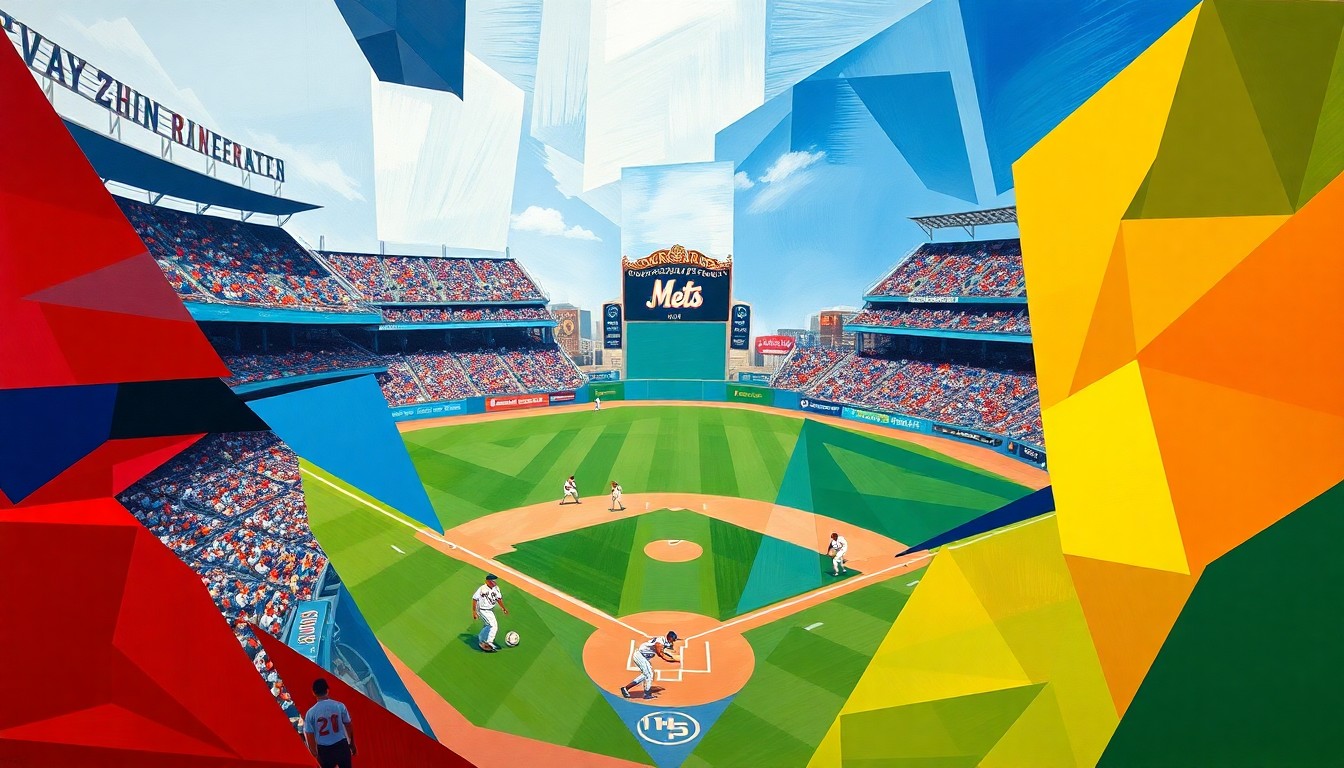 A vibrant, cubist-style painting depicting a baseball game between the New York Mets and St. Louis Cardinals, with the players and field represented by angular, intersecting shapes in a color palette of blues, reds, and yellows.