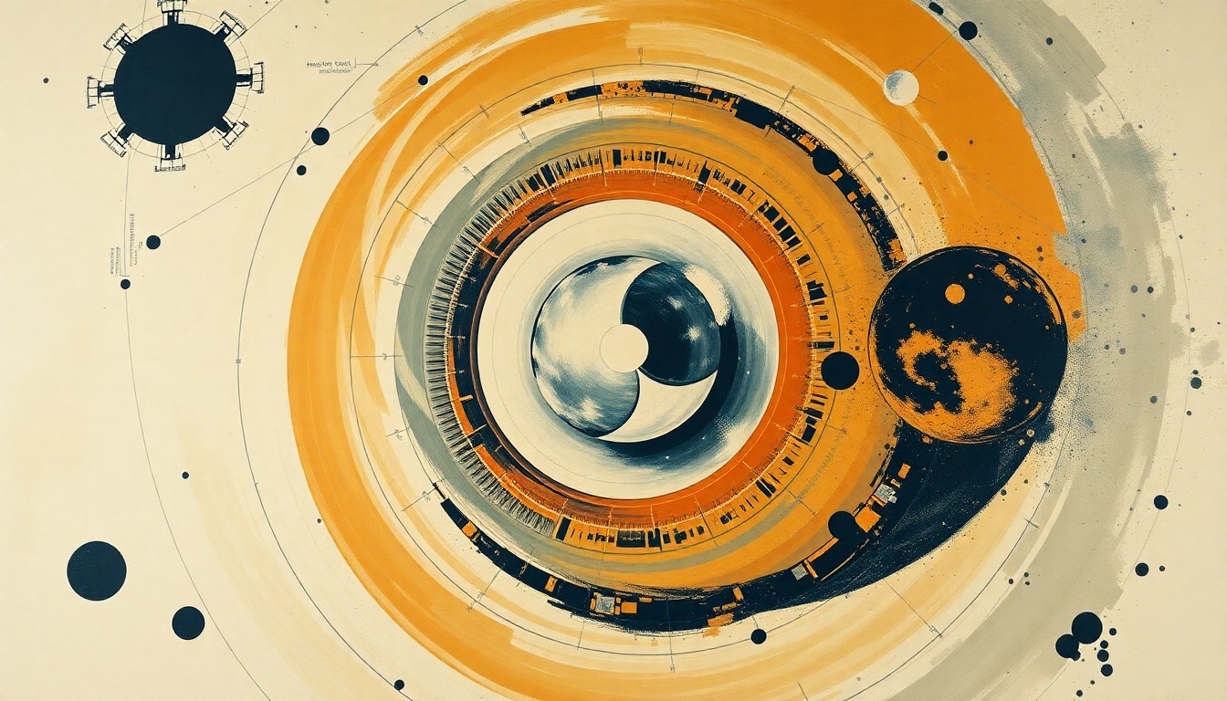 A bold, abstract painting in earthy tones depicting sweeping geometric arcs, concentric circles, and precise spirals, conceptually representing the complex technological systems and forces involved in the Artemis II mission to the Moon.