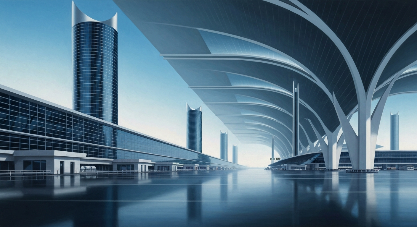 A highly stylized, geometric illustration depicting the grand scale and streamlined forms of a modern airport terminal, rendered in a palette of cool blues, grays, and silvers to convey a sense of efficiency and order.