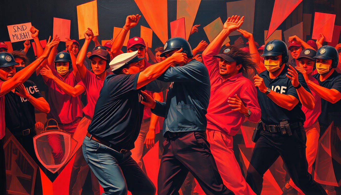 An avant-garde painting depicting a violent confrontation between a protester and a person in an ICE uniform, the figures repeated in overlapping, fractured, geometric waves of color, conveying the high-energy and emotional nature of the clash.