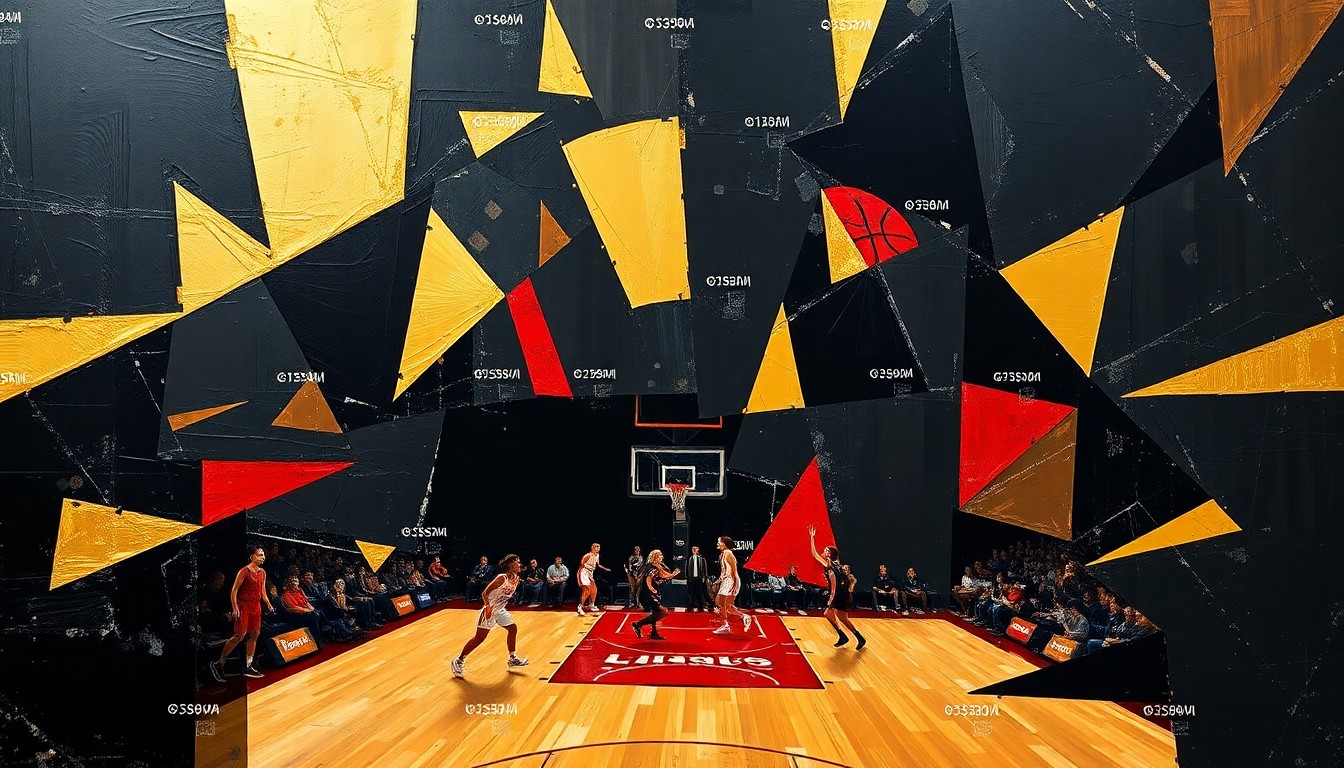 A fragmented, cubist-style painting depicting a women's basketball game, with the players and court broken down into sharp, overlapping geometric shapes in the team's colors of black, gold, and crimson.