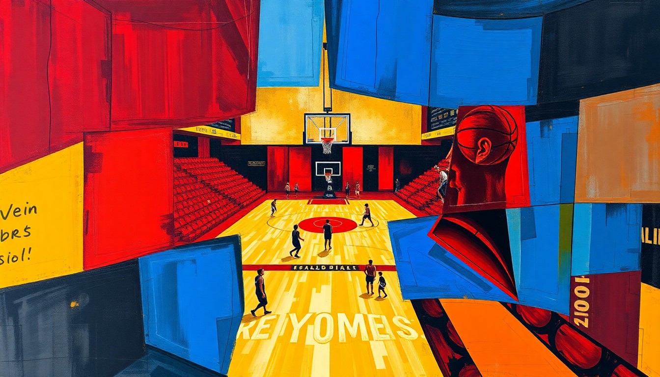 A fragmented, geometric painting depicting the motion and energy of a women's basketball game, with sharp planes of red, blue, and yellow intersecting to create a dynamic, abstract composition.