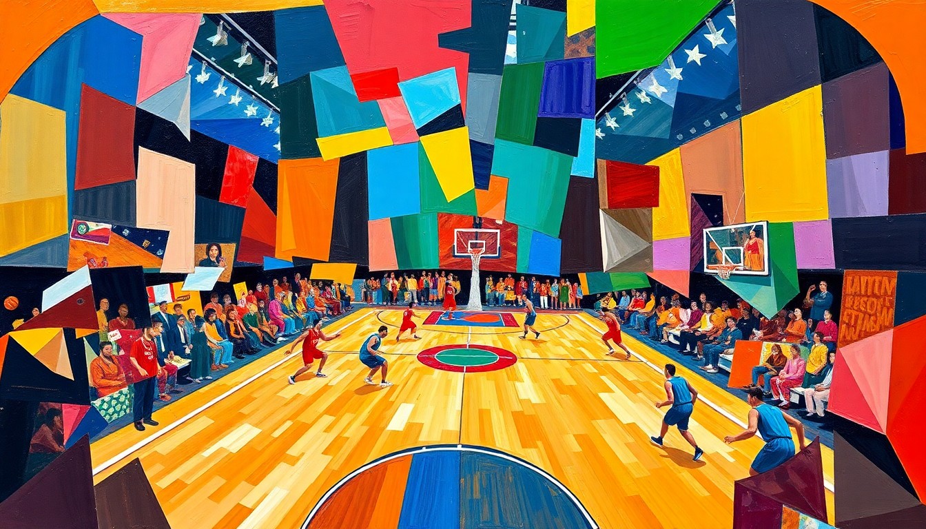 A cubist, geometric painting depicting the dynamic action of a basketball game, with sharp, overlapping shapes in the team colors of the Timberwolves and Mavericks.