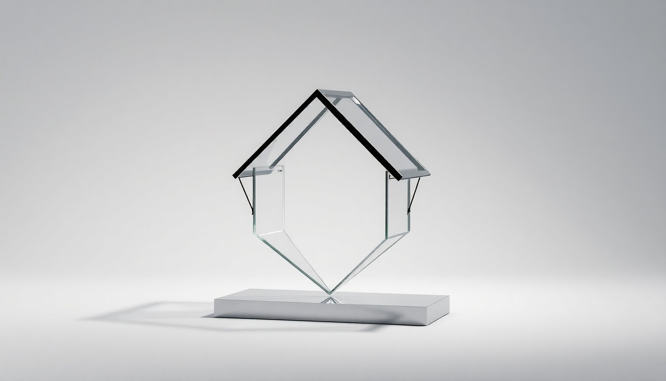 A minimalist, photorealistic studio still life featuring a sleek, geometric metal and glass sculpture representing the intersection of blockchain and the mortgage industry, floating on a clean, monochromatic background and illuminated by dramatic studio lighting.
