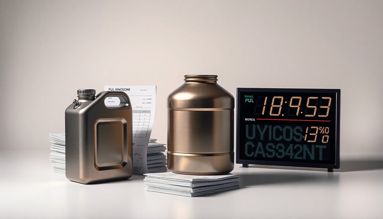A photorealistic studio still life featuring a polished metal fuel canister, a stack of shipping invoices, and a digital display showing rising fuel prices, all arranged elegantly on a clean, monochromatic background to symbolize the volatility and pressures facing the freight industry.