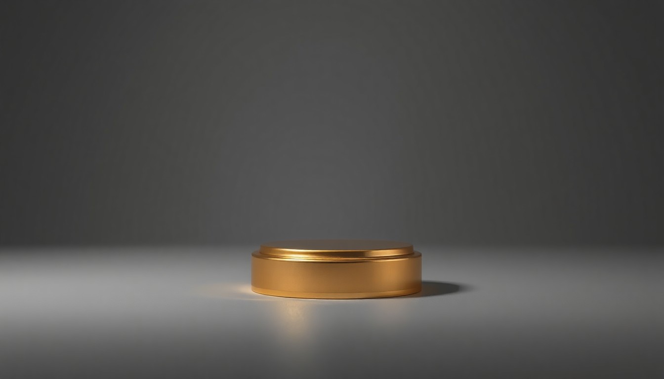 A photorealistic studio still life featuring a polished golden desk accessory floating on a clean grey background, conveying the refined, premium nature of Berkshire Hathaway's business operations.