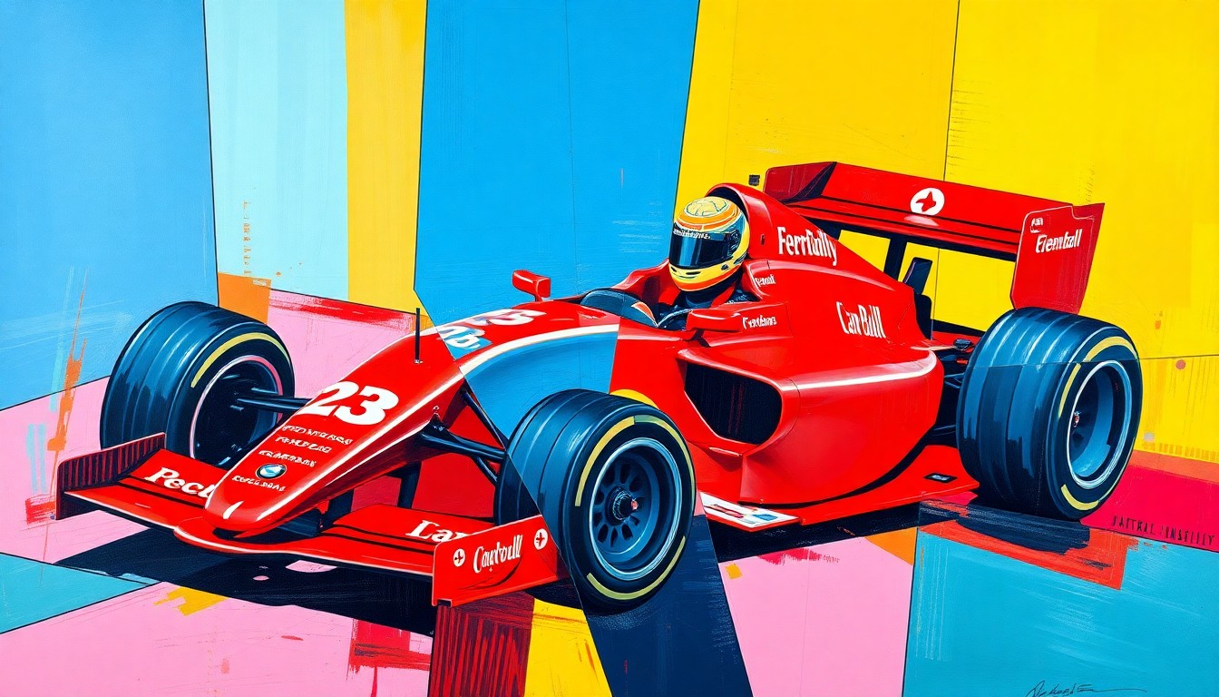 A fragmented, geometric painting depicting a Formula 1 race car and driver in a vibrant color palette, reflecting the conceptual turmoil surrounding Verstappen's potential departure from the sport.