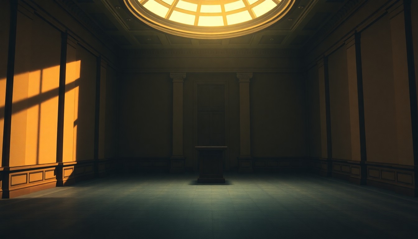 A serene, cinematic painting of an empty government podium in a dimly lit room, with warm sunlight casting dramatic shadows, conveying a sense of political tension and uncertainty.