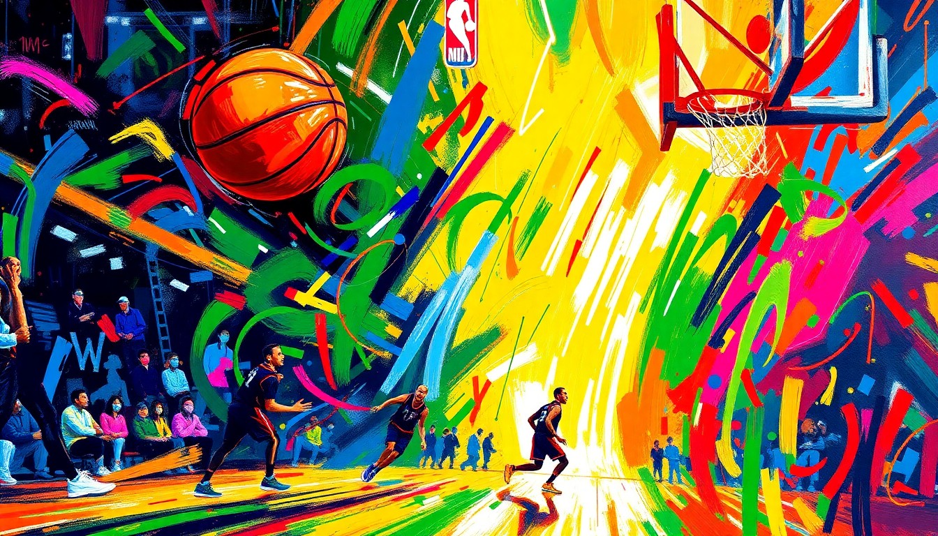 An abstract, expressionist painting in neon colors depicting the dynamic movements and energy of a basketball game, capturing the intensity of the Thunder's overtime win.