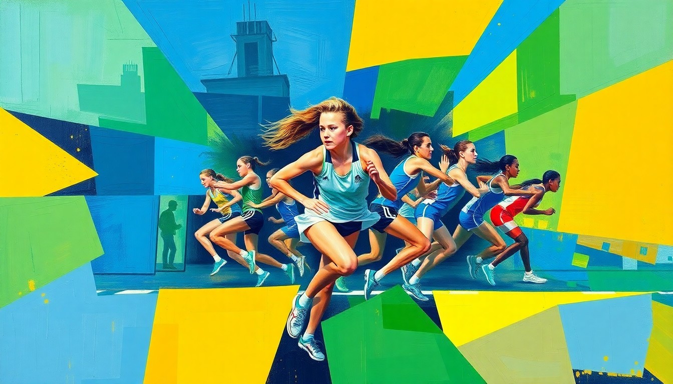 A cubist, geometric painting depicting a fragmented, multi-angle view of a girls' track and field competition, with sharp planes of vibrant blue, green, and yellow colors.