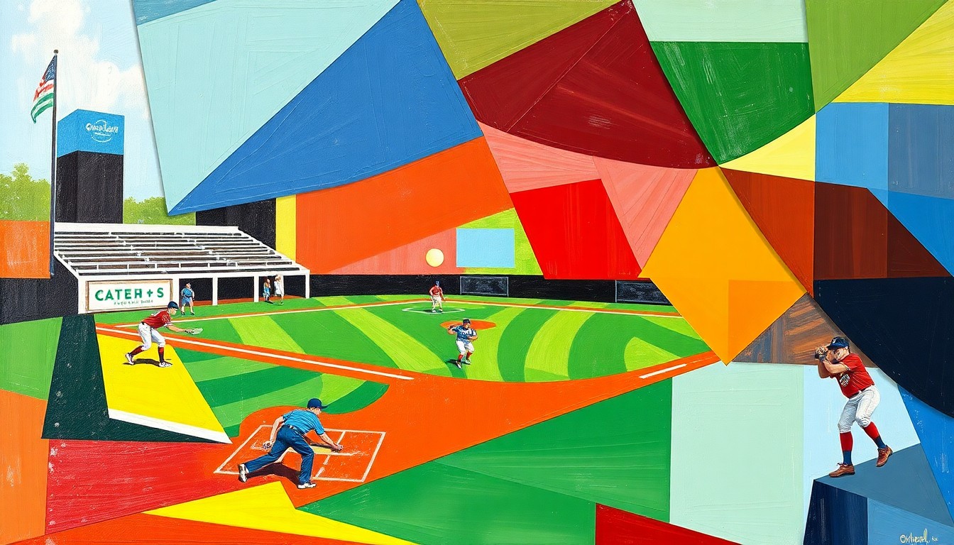 A cubist, geometric painting in bright team colors depicting the dynamic action and energy of a high school softball game.