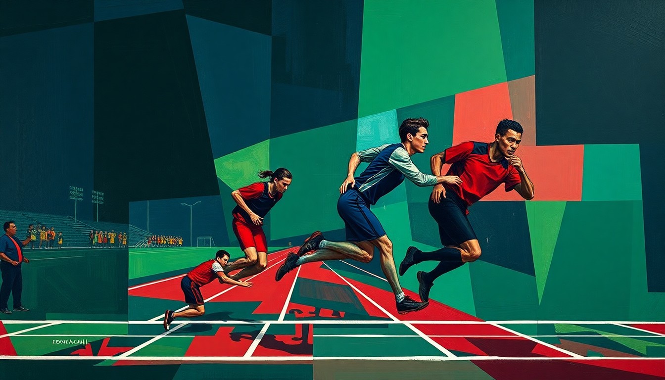 A dynamic, cubist-style painting depicting a high school track and field competition, with the athletes and field broken down into sharp, overlapping geometric shapes in a bold color palette, conveying the raw energy and excitement of the sport.