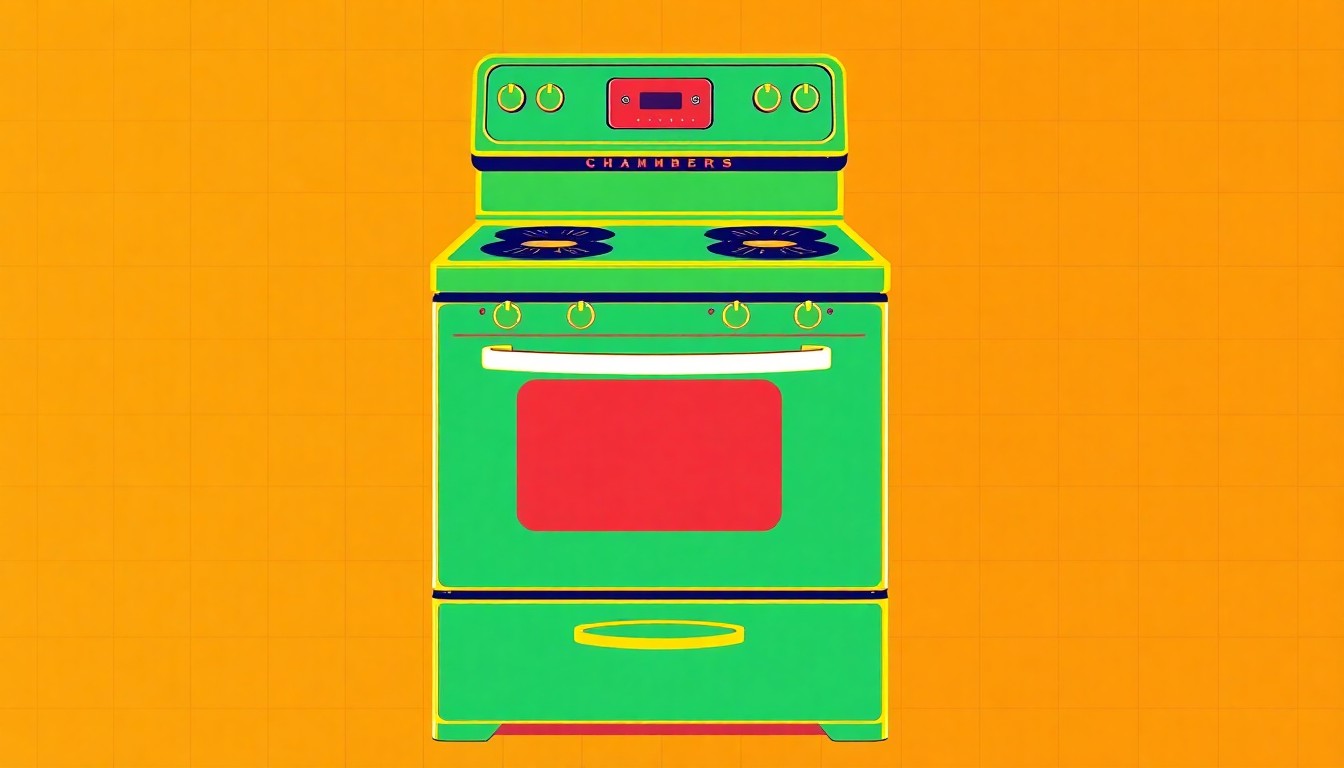 A brightly colored, high-contrast silkscreen print of a vintage Chambers stove, rendered in a grid pattern with flat, unnatural neon colors and heavy black outlines, conceptually representing the timeless design and craftsmanship of this iconic kitchen appliance.