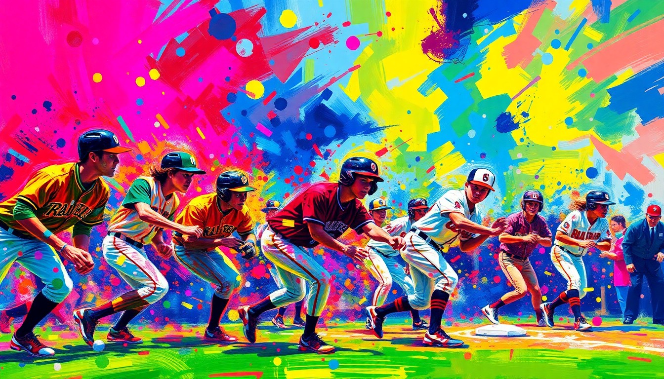 An abstract, expressionist painting in vibrant neon colors, capturing the dynamic movement and raw emotion of a high school baseball game, with players' forms dissolving into bold, gestural brushstrokes.