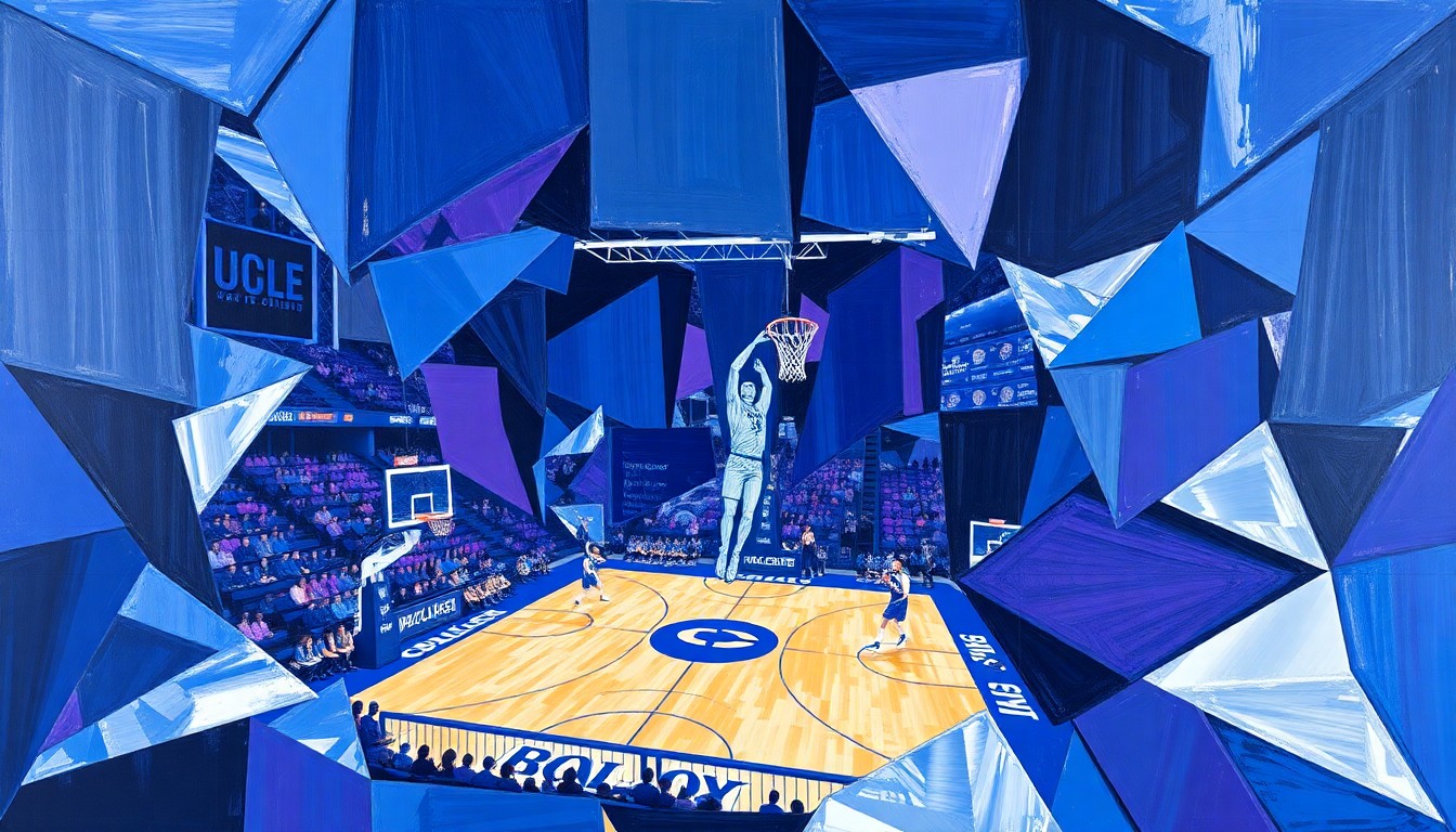 A cubist, geometric painting depicting a fragmented college basketball game, with sharp planes of royal blue, purple, and silver representing the dynamic action on the court.