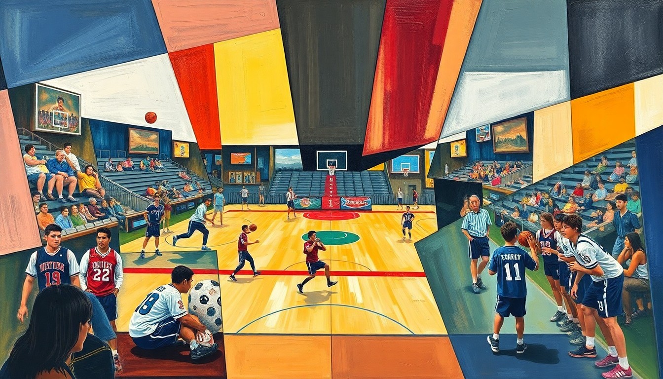 A cubist, geometric painting depicting various high school sports scenes, with players and equipment broken down into sharp, overlapping shapes and planes.