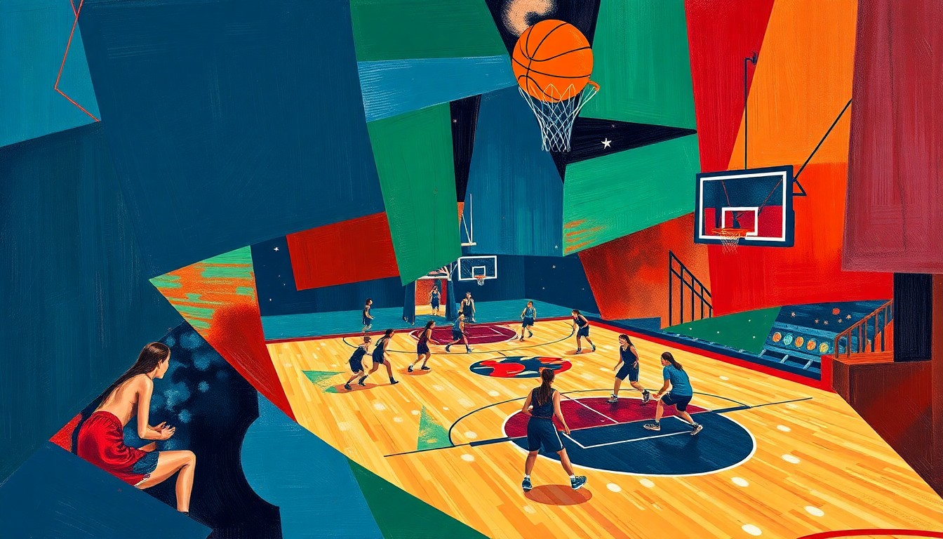 A fragmented, multi-angled painting in bold, contrasting colors that deconstructs a girls' basketball game into sharp, overlapping geometric shapes, conveying the sport's intensity and movement.