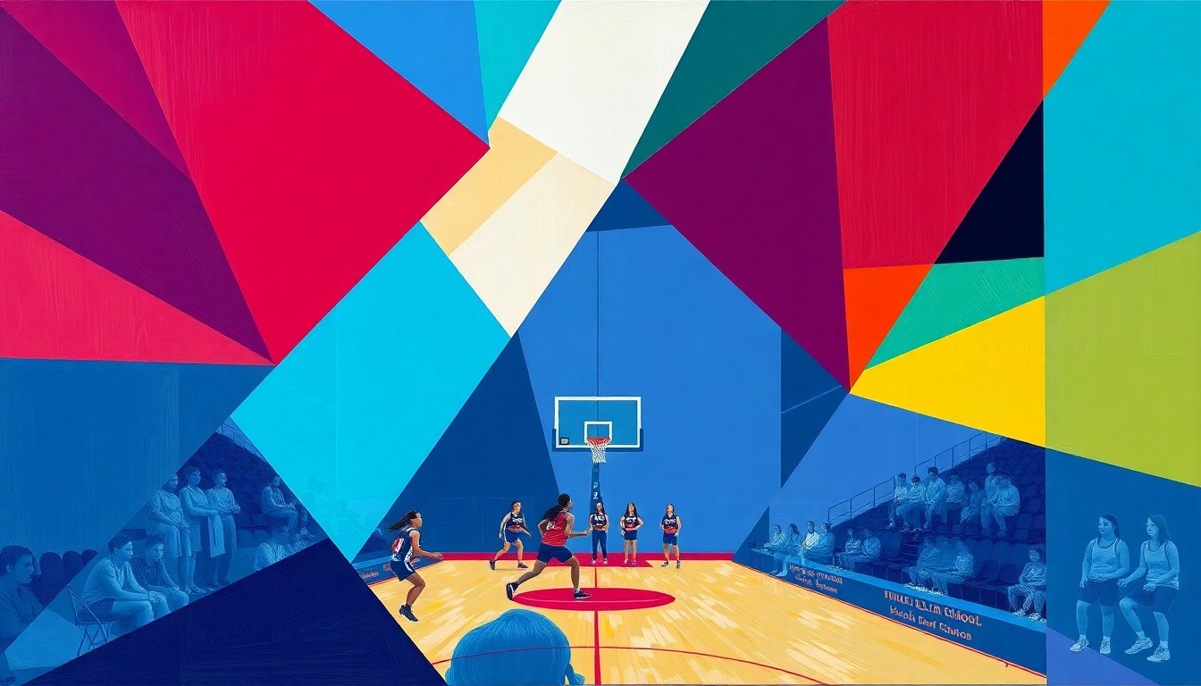 A cubist, geometric painting featuring sharp, overlapping planes of color representing the dynamic action of a girls basketball game, conveying the energy and skill of the Howell Highlanders' historic season.
