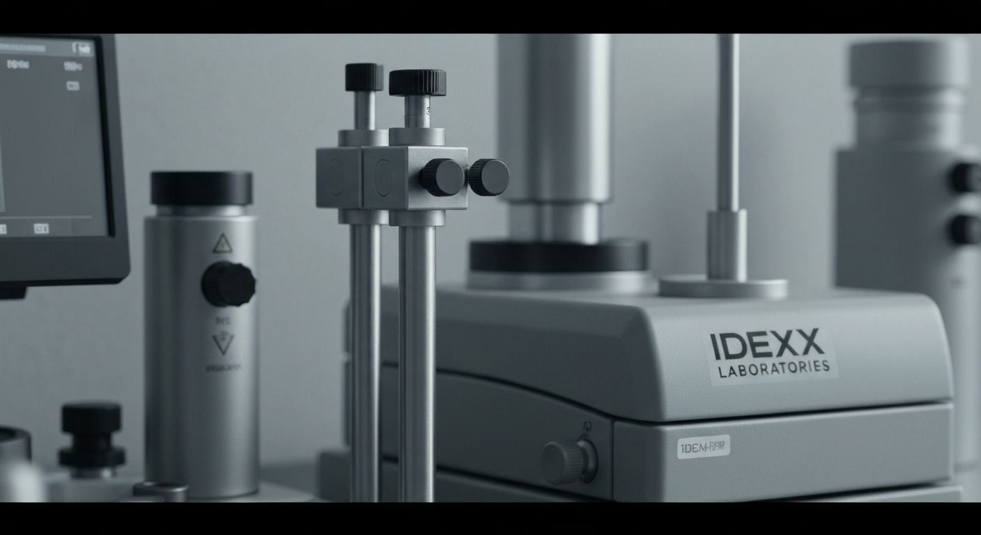 An extreme close-up of various metal and glass laboratory instruments and equipment, conveying the advanced technology and scientific expertise of IDEXX Laboratories without using any text or identifiable branding.