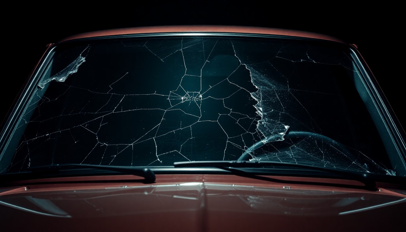An extreme close-up photograph of a cracked and damaged car windshield, capturing the harsh, gritty details of the damaged surface in dramatic lighting.