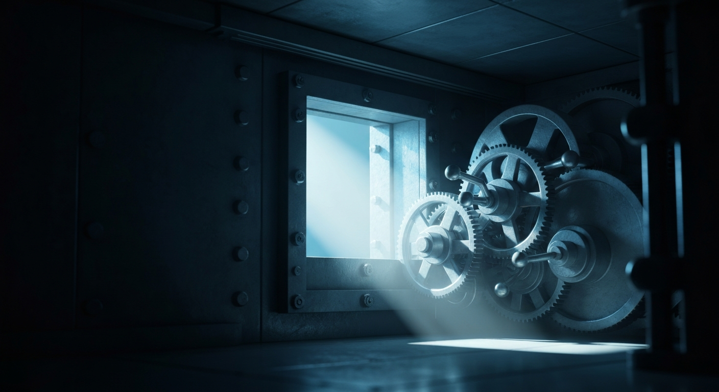 An extreme close-up of the intricate mechanical components inside a bank vault, conveying a sense of financial security and institutional power without using any literal currency or banking symbols.