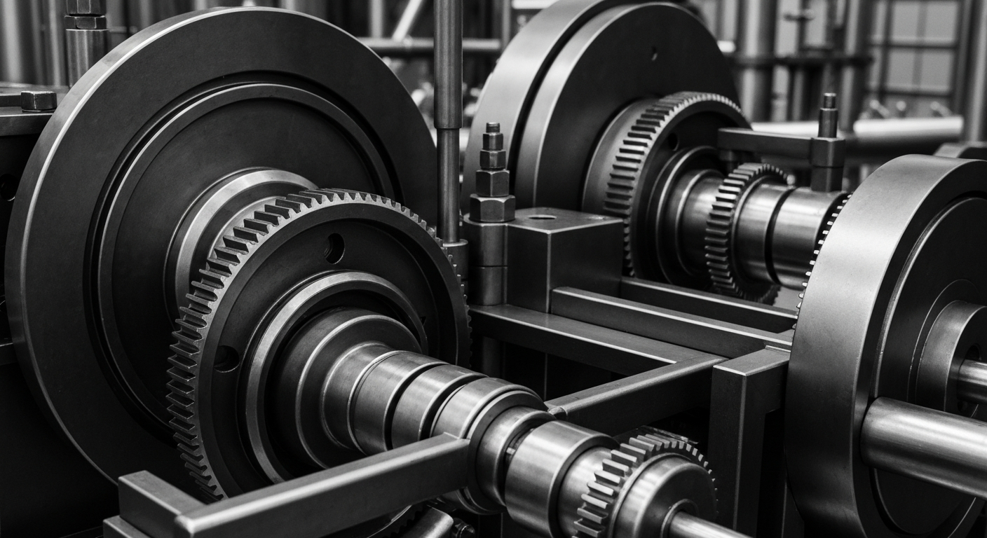 A high-contrast, macro-level view of the gears, pipes, and mechanical components that comprise the manufacturing infrastructure of a major pharmaceutical company, conveying the industrial scale and technical complexity of the modern drug industry.