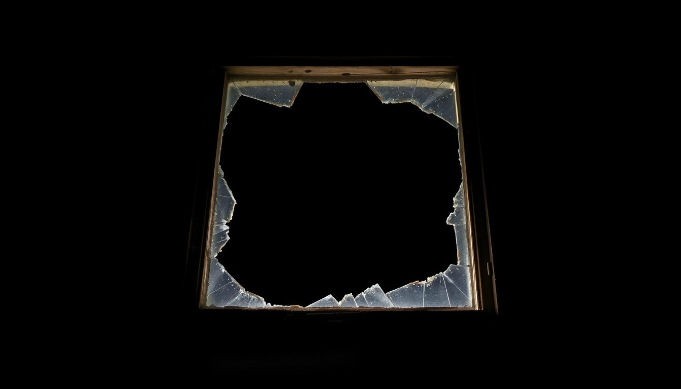 An extreme close-up photograph of a broken window frame on an abandoned house, with the jagged glass and weathered wood creating a stark, gritty visual aesthetic.