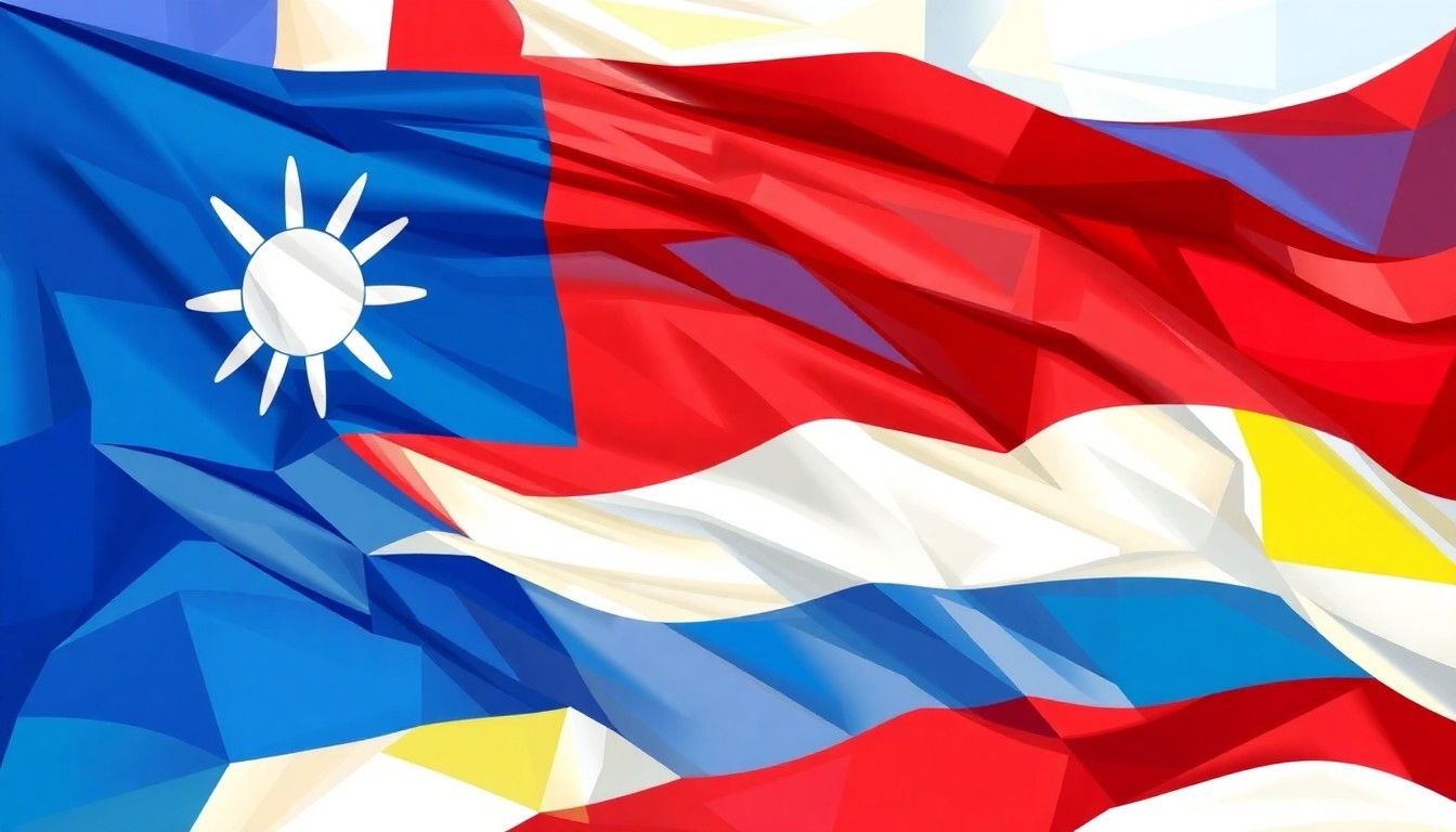 A dynamic, abstract painting of a Taiwanese flag in motion, with the colors and shapes repeating and overlapping in a fractured, geometric style, conveying a sense of urgency and instability.